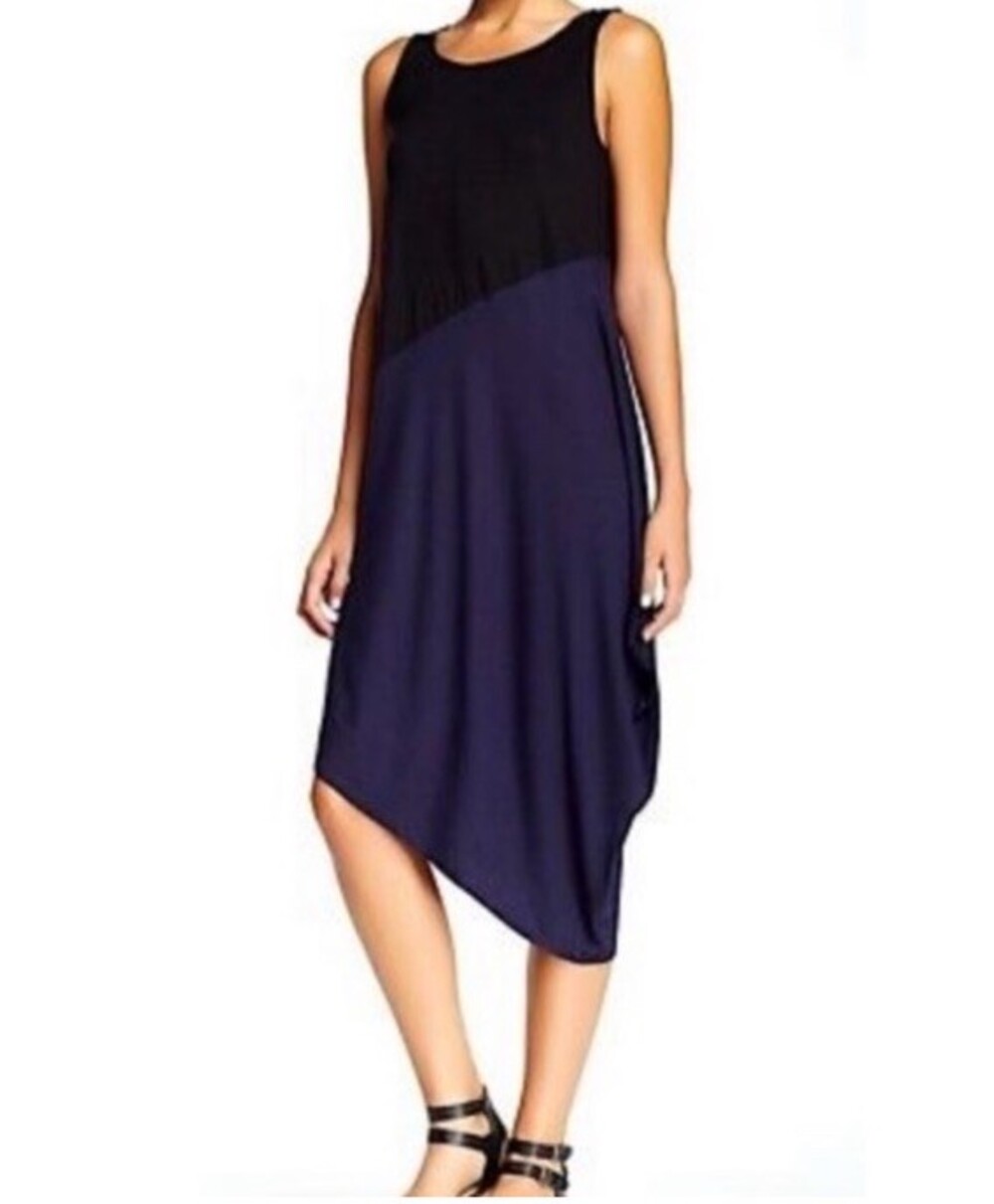 Eileen Fisher Dress Small Asymmetrical Hem Midi Black Blue Colorblock Jersey